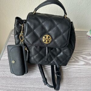 Black Tory Burch back pack purse and wallet.
